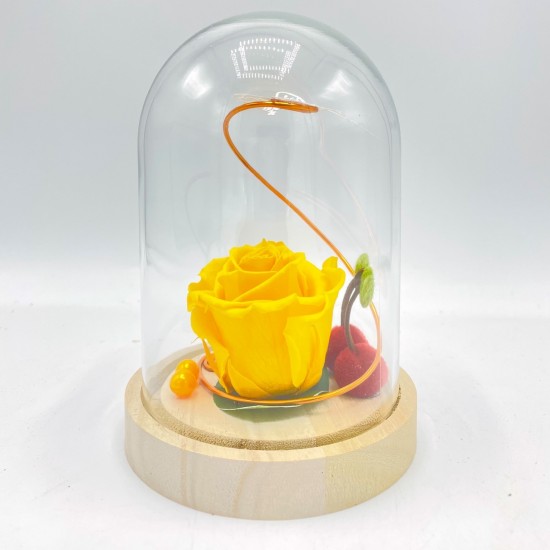 Composition florale décorative - Cloche - Romance - Jaune ø12cm H13 cm