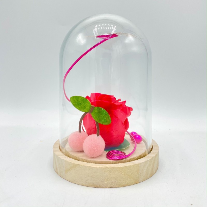 *** Composition florale décorative - Cloche - Romance - Fuschia ø12cm H13 cm
