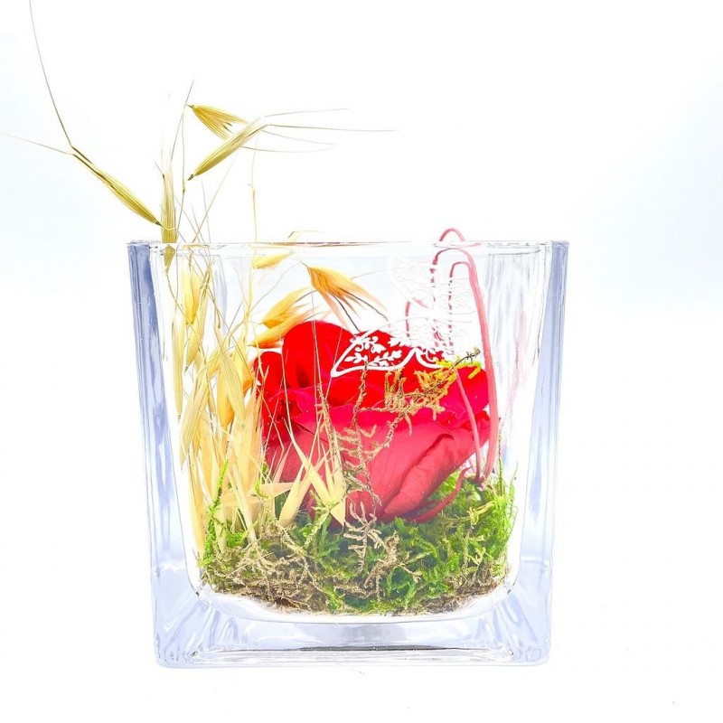 ***Composition florale décorative - Cube - Audacieuse - Rouge - 12X12cm