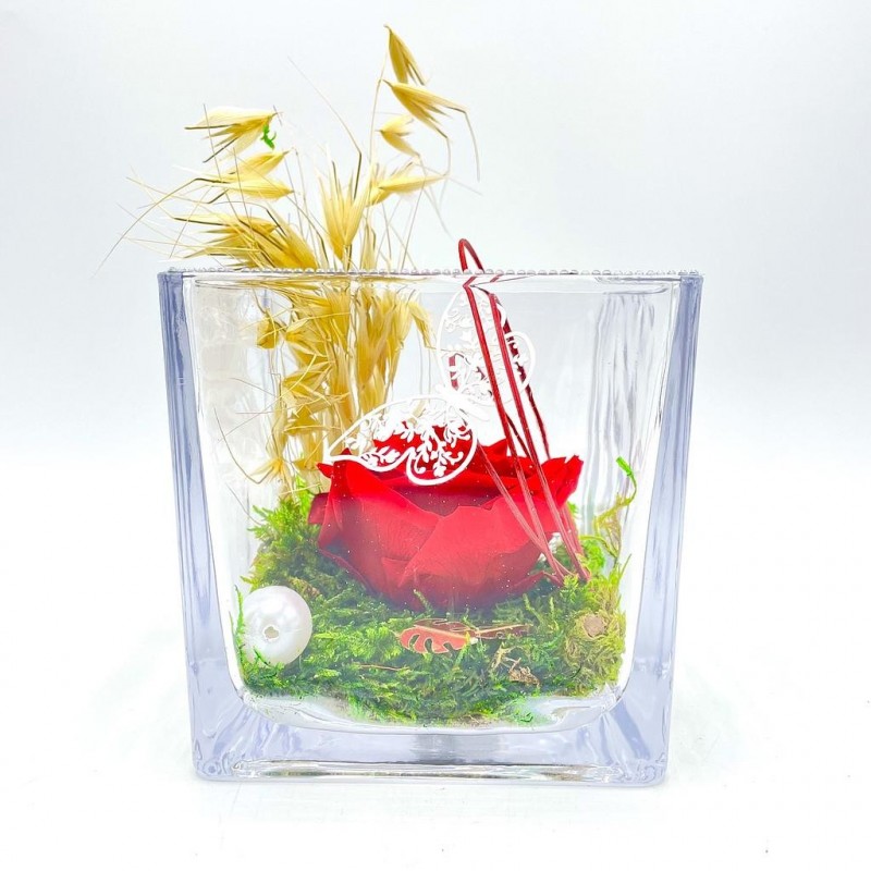 ***Composition florale décorative - Cube - Audacieuse - Fuschia - 12X12cm