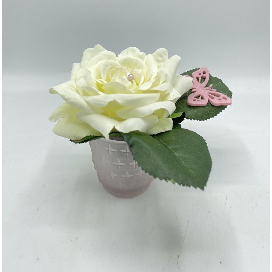 Composition florale décorative - Caline - Blanc - H 13cm