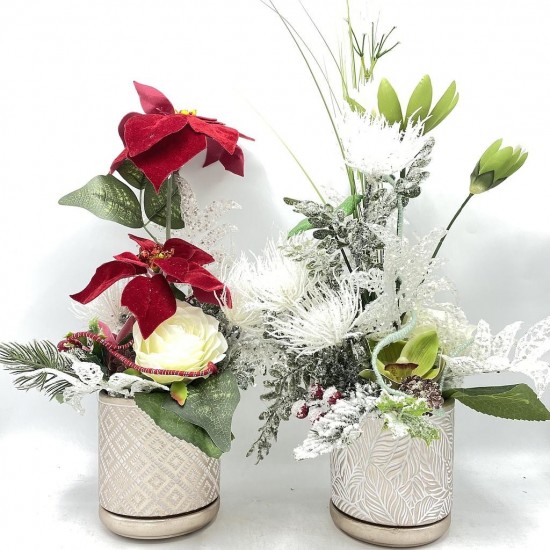 Composition Florale Décorative de Noël - Minuit - Assortiment Blanc et Rouge
