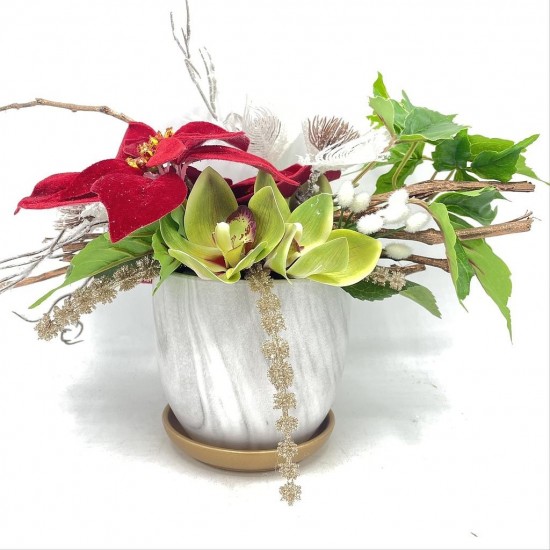 Composition Florale Décorative de Noël - Meilleurs Voeux Rouge et Blanc