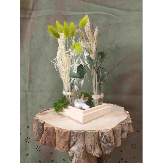 Composition Florale Décorative Fleurs Séchées - Centre de Table Carré - Estival Blanc Vert