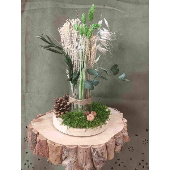 Composition Florale Décorative Fleurs Séchées - Centre de Table Rond - Forestier Blanc Vert