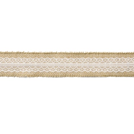 Ruban toile de jute et dentelle blanche 5 cm x 5 m
