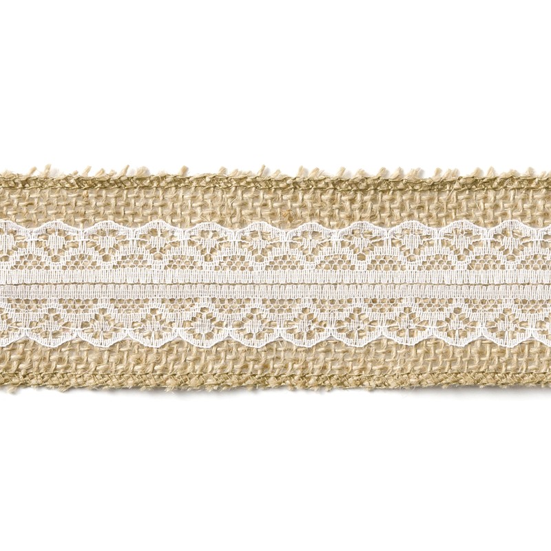 Ruban toile de jute et dentelle blanche 5 cm x 5 m