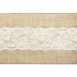 Chemin de table en toile de jute et dentelle 28 cm x 2,75 m