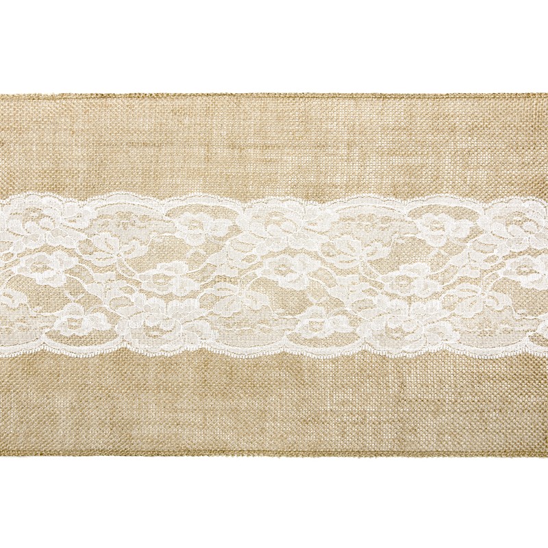 Chemin de table en toile de jute et dentelle 28 cm x 2,75 m