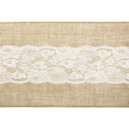 Chemin de table en toile de jute et dentelle 28 cm x 2,75 m