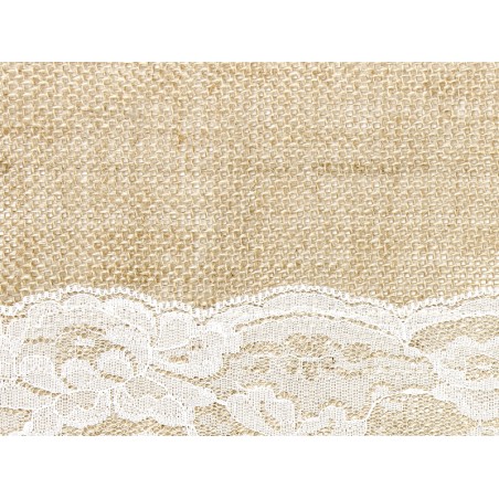Chemin de table en toile de jute et dentelle 28 cm x 2,75 m