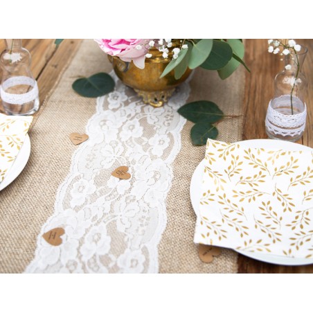 Chemin de table en toile de jute et dentelle 28 cm x 2,75 m