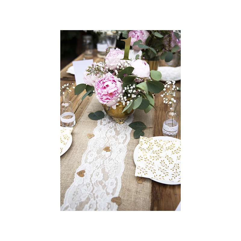 Chemin de table en toile de jute et dentelle 28 cm x 2,75 m