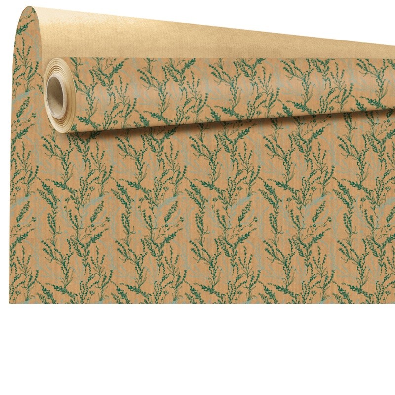 Rouleau kraft Arborescence vert - feuillages sur kraft brun