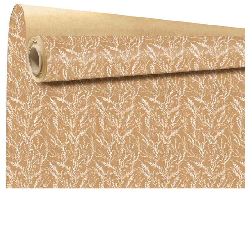 Rouleau kraft Arborescence blanc - feuillages sur kraft brun