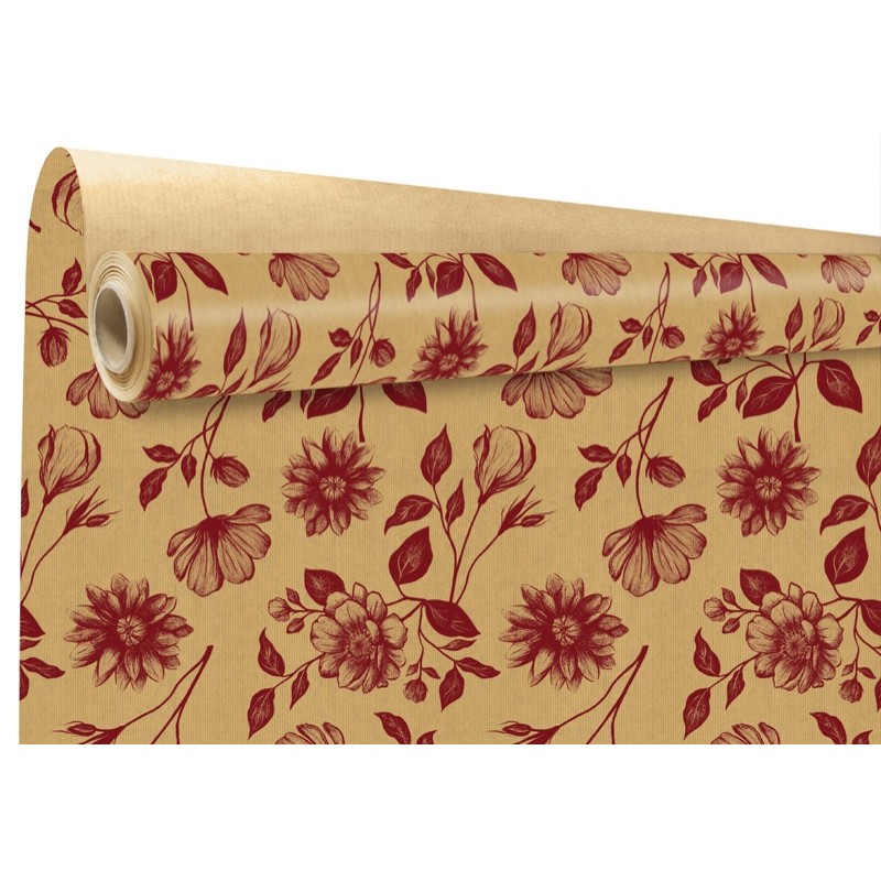 Rouleau kraft Sydney bordeaux - fleurs sur kraft brun