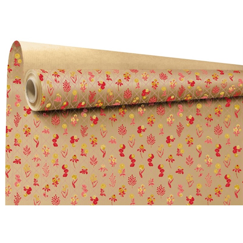 Rouleau kraft Ysaline or - petites fleurs sur kraft brun