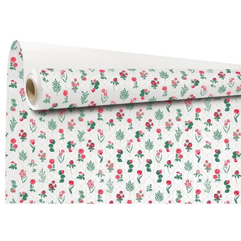 Rouleau kraft Ysaline rouge - petites fleurs sur kraft blanc