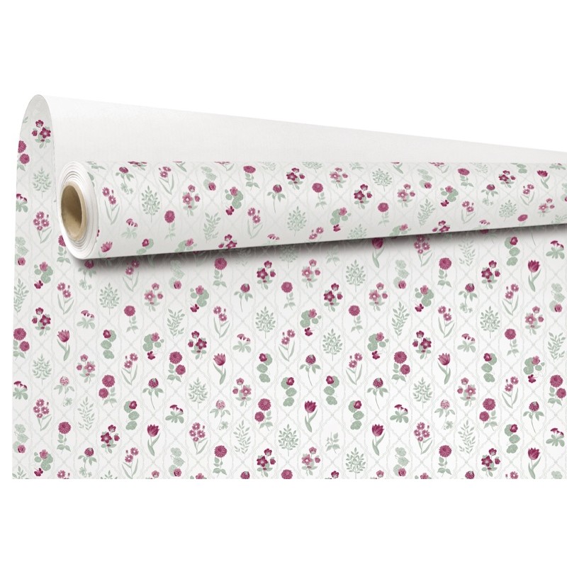Rouleau kraft Ysaline sauge - petites fleurs sur kraft blanc
