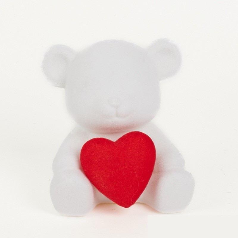 Ourson floqué blanc avec cœur rouge 15 cm