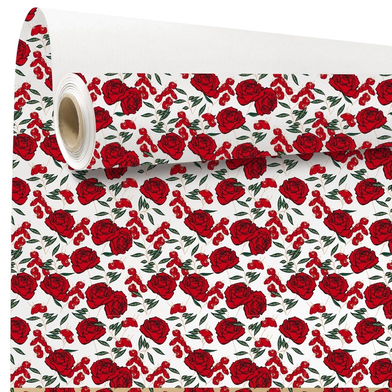Rouleau kraft Gaby à roses rouges, fond blanc
