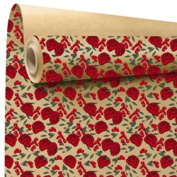 Rouleau kraft Gaby à roses rouges, fond kraft naturel