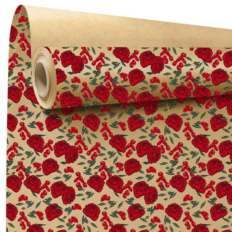 Rouleau kraft Gaby à roses rouges, fond kraft naturel
