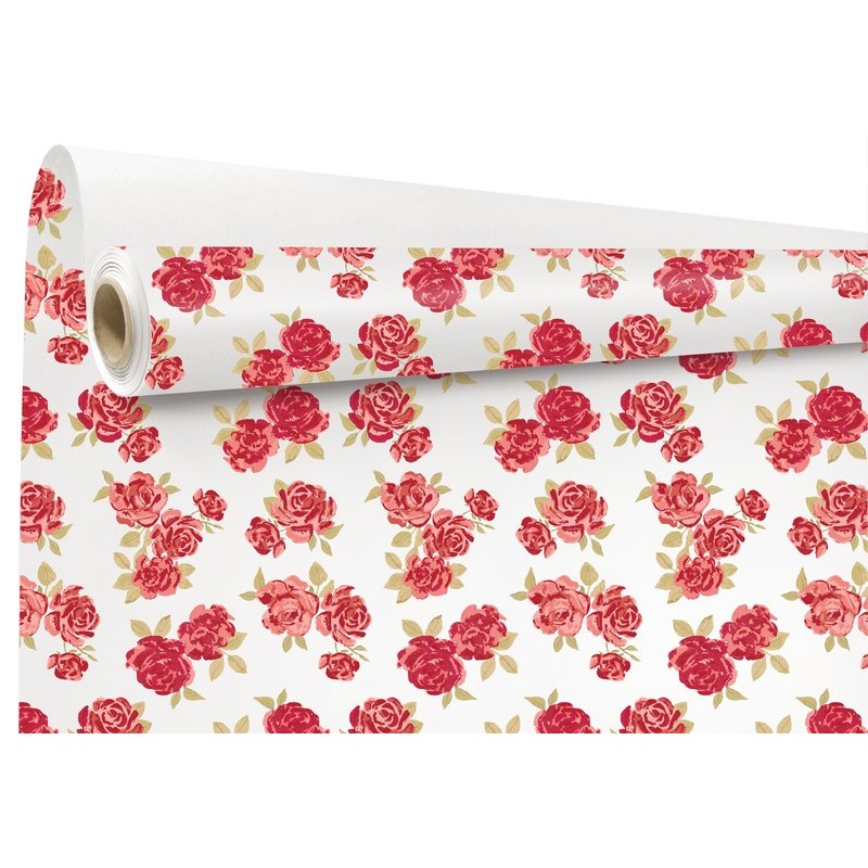 Rouleau kraft Elsa, roses rouges sur fond blanc