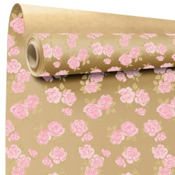 Rouleau kraft Elsa, roses roses sur fond kraft naturel