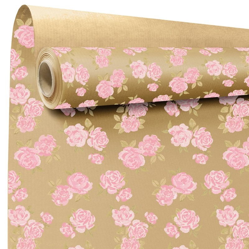 Rouleau kraft Elsa, roses roses sur fond kraft naturel