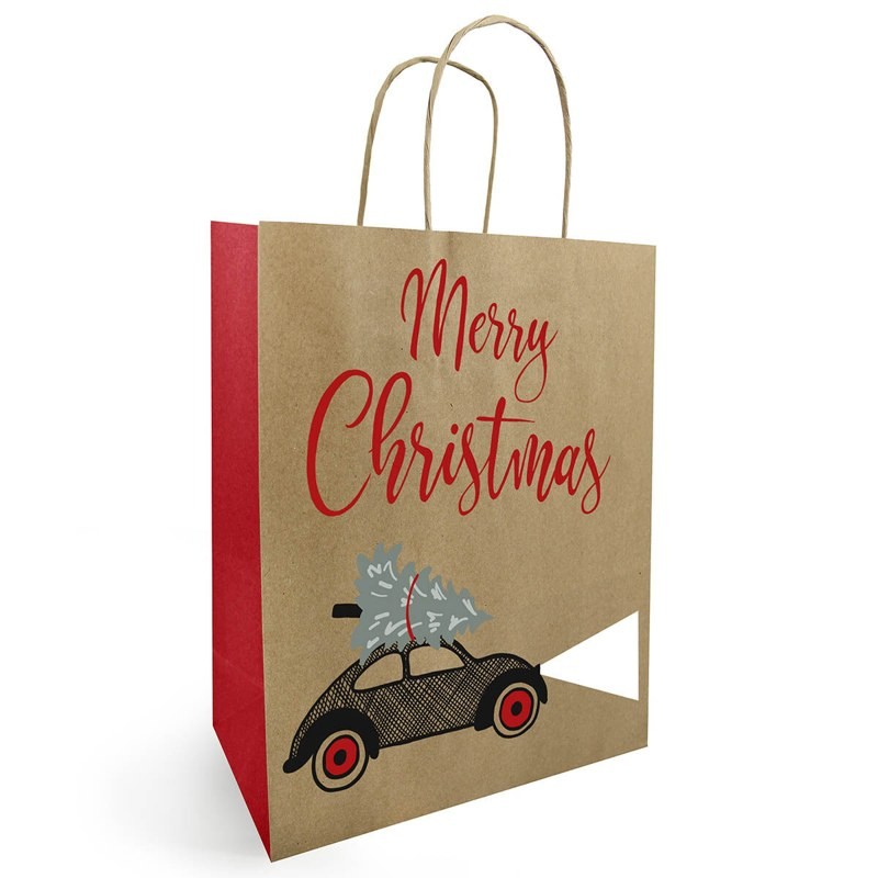 Sac kraft de Noël voiture merry christmas