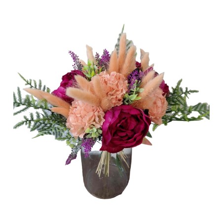 Bouquet rond de fleurs artificielles et séchées pêche et fuchsia Ariane - Artiflor