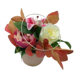 Composition florale lys, rose et pivoine artificiels, pièces uniques assorties Lagune - Artiflor