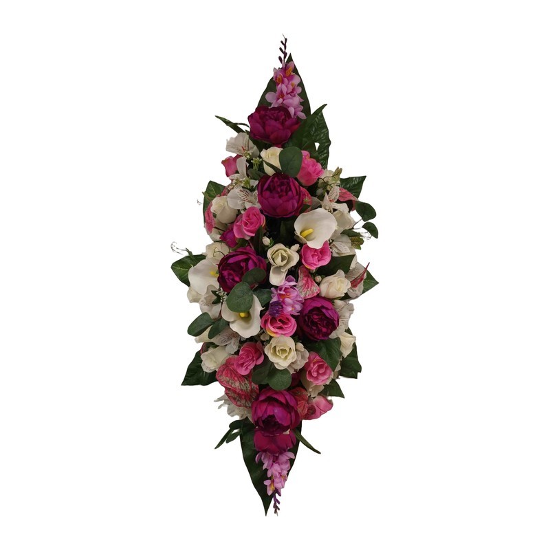 Composition florale funéraire gerbe de fleurs artificielles roses et fuchsia haut de gamme Varsovie - Artiflor