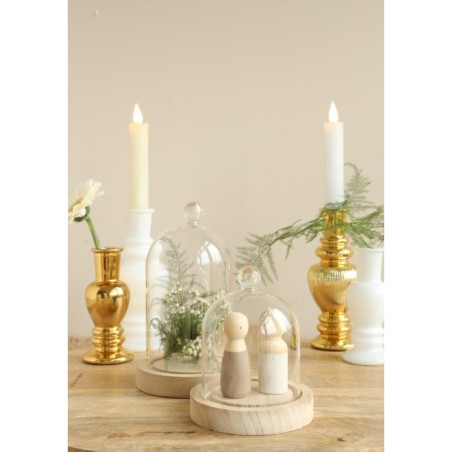 Cloche en verre bouton verre sur socle bois Ø12 H.19 cm – vente en gros verrerie pour fleuristes