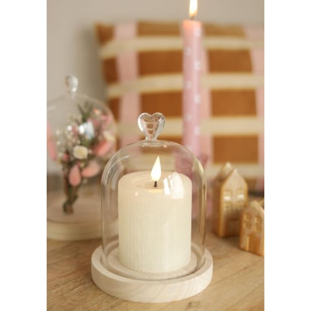 Cloche en verre bouton cœur sur socle bois Ø12 H.16 cm – vente en gros verrerie pour fleuristes