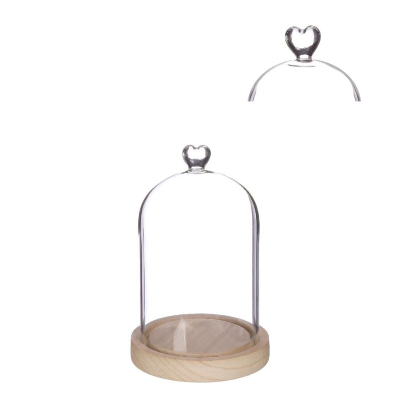 Cloche en verre bouton cœur sur socle bois Ø12 H.18,5 cm – verrerie pour décoration de mariage, vente en gros aux fleuristes