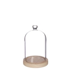 Cloche en verre bouton cœur sur socle bois Ø12 H.18,5 cm – vente en gros verrerie pour fleuristes