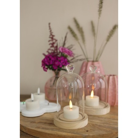 Cloche en verre bouton cœur sur socle bois Ø10 H.18 cm – verrerie déco en gros