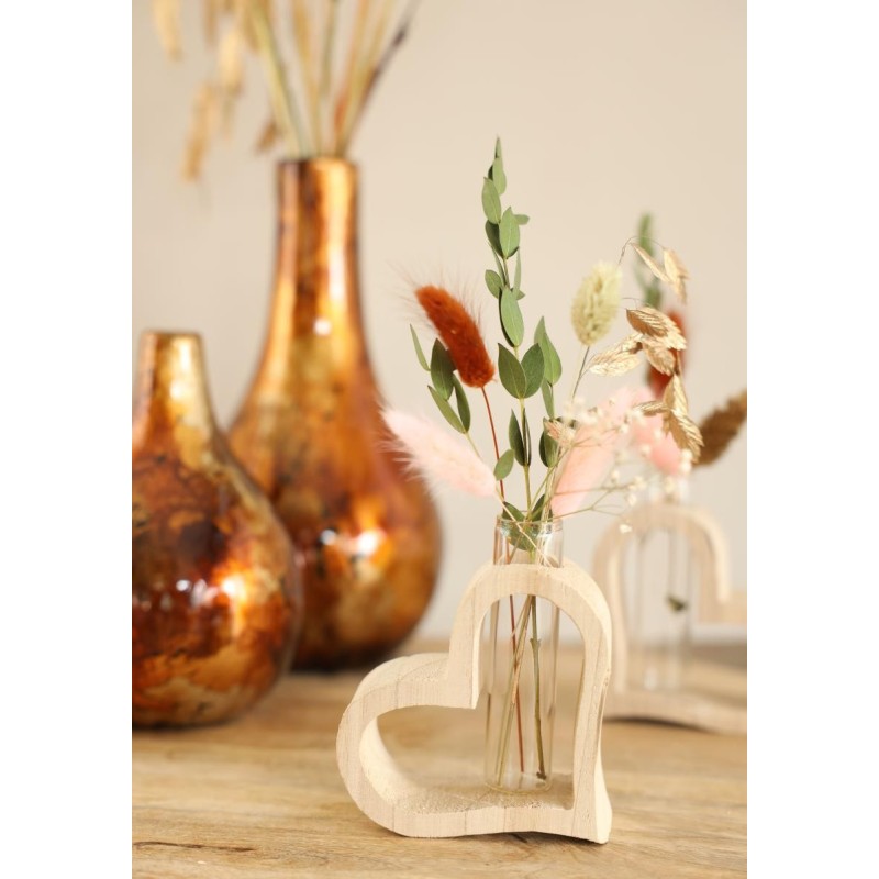 Cœur en bois avec tube en verre L.5 x l.10 H.11 cm – vente en gros verrerie pour fleuristes