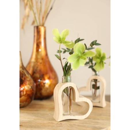 Cœur en bois avec tube en verre L.5 x l.10 H.11 cm – verrerie déco en gros