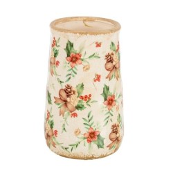 Vase haut de Noël craquelé houx et pommes de pin en céramique Ø15,5 H.27,5 cm – déco Noël en gros