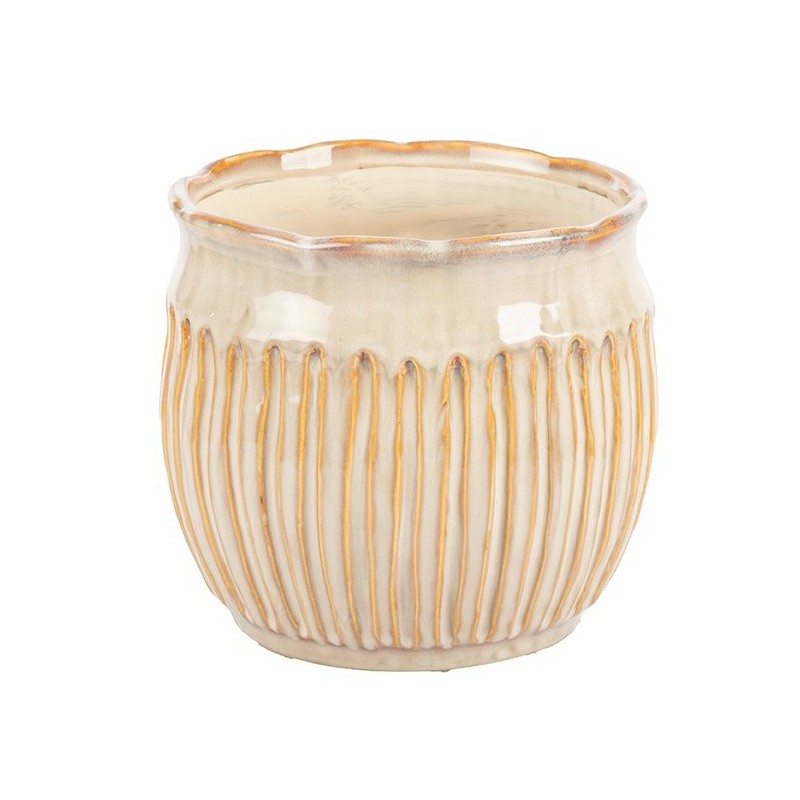 Cache-pot à rayures beige en céramique Ø14,5 H.13,5 cm – grossiste en déco de Noël