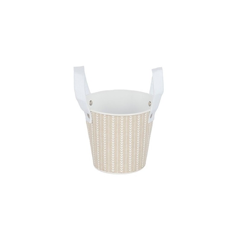 Cache-pot rond à anses en métal rayé blanc et gris Ø13 H.12 cm – décoration de Noël pour vitrine de commerçant, vente en gros