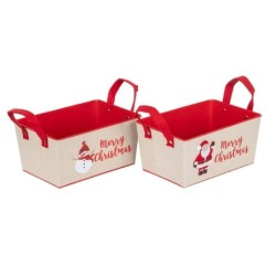 Caisse de Noël à anses en métal Père Noël et bonhomme de neige 25 x 17 H.12 cm - 2 décors assortis – déco Noël en gros