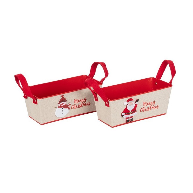 Caisse de Noël à anses en métal Père Noël et bonhomme de neige 23 x 11 H.9,5 cm - 2 décors assortis – décoration de Noël en gros