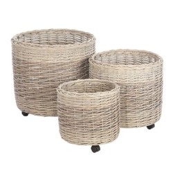 Cache-pot évasé à roulettes en osier gris clair et foncé - lot de 3, petit Ø37 H.32 cm et grand Ø56 H.48 cm – déco Noël en gros