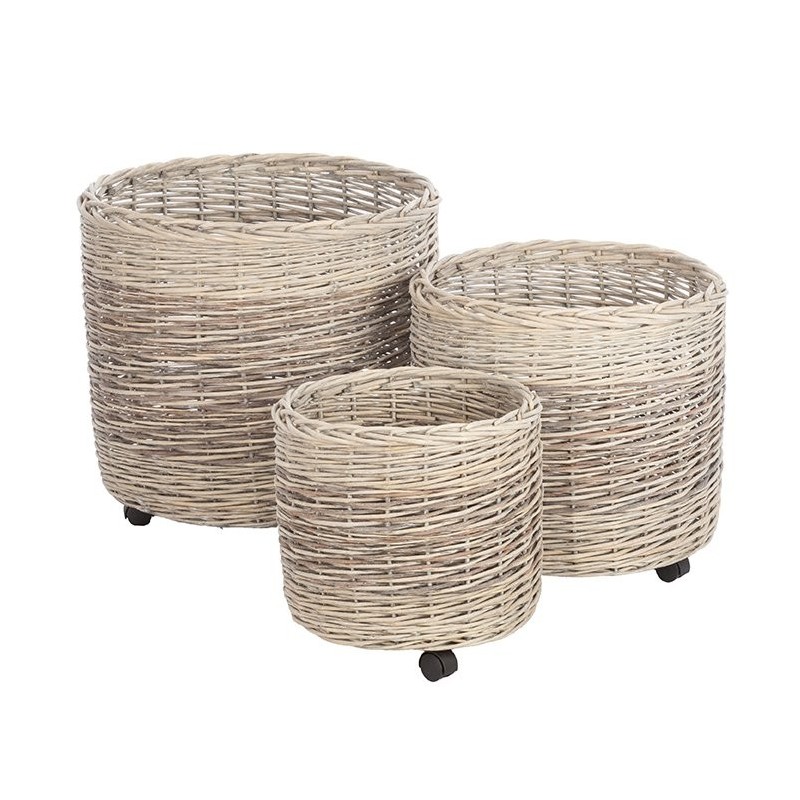 Cache-pot évasé à roulettes en osier gris clair et foncé - lot de 3, petit Ø37 H.32 cm et grand Ø56 H.48 cm – déco Noël en gros