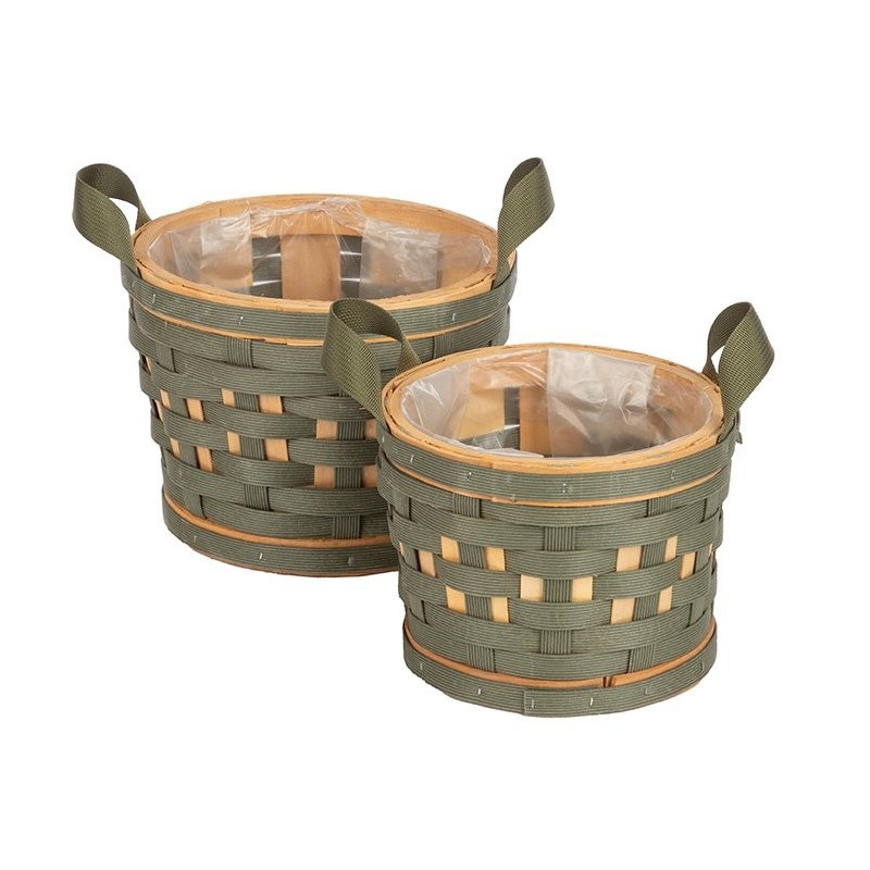Panier rond vert en bois et plastique - lot de 2, petit Ø17 H.13 cm et grand Ø20 H.15 cm – grossiste en déco saisonnière