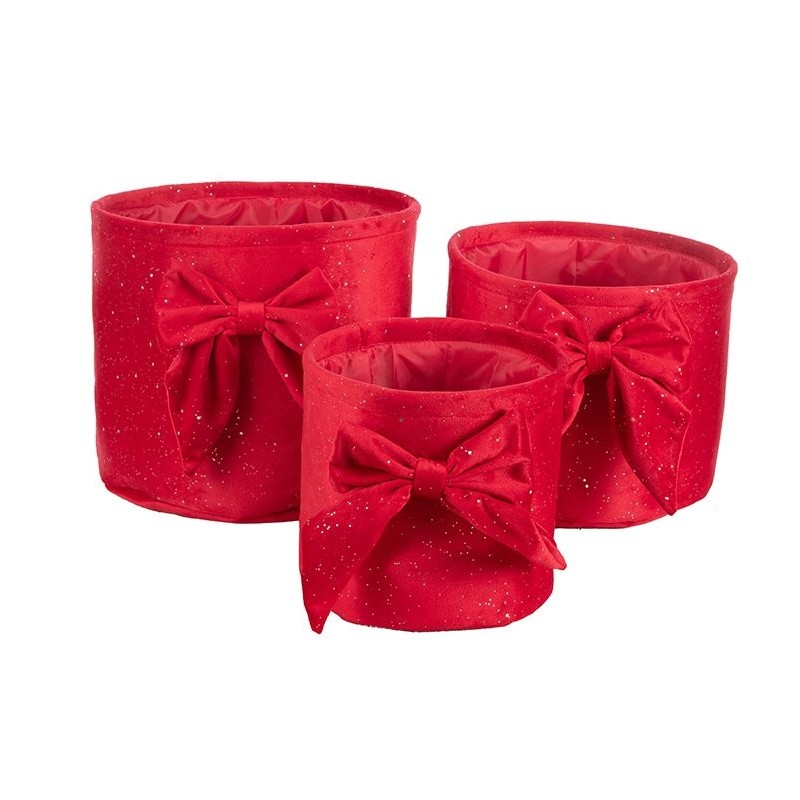 Cache-pot rond rouge avec nœud - lot de 3, petit Ø19 H.18 cm et grand Ø28 H.24 cm – grossiste en déco saisonnière